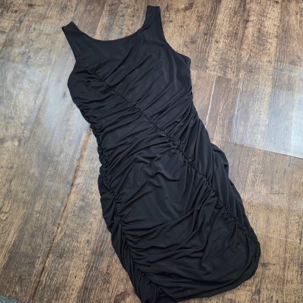 Ruched Bodycon Dress Womens M Black Sleeveless‎ Mesh V-Back Mini